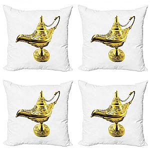 Lunarable Throw Pillow Cushion Case Pack of 4 Aladdin's Magic Genie Lamp Wish Adventure Story Inspired Art Modern Double-Sided 16" Yellow White