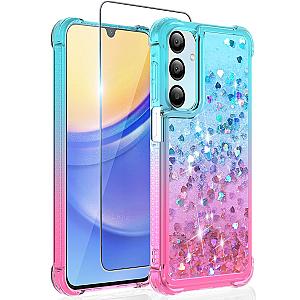 Galaxy A16 5G Case: Clear Glitter Teal Pink Flowing Liquid Quicksand Shockproof Corner Phone Case with Tempered Glass Screen Protector