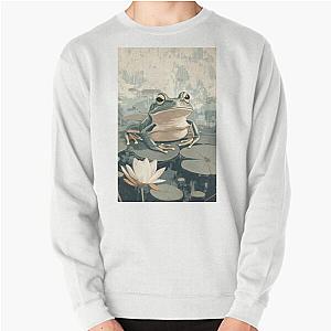 Frogger on a lily pad illustration, muted colors Pullover Sweatshirt