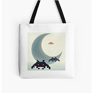 Space Invaders and Moon All Over Print Tote Bag